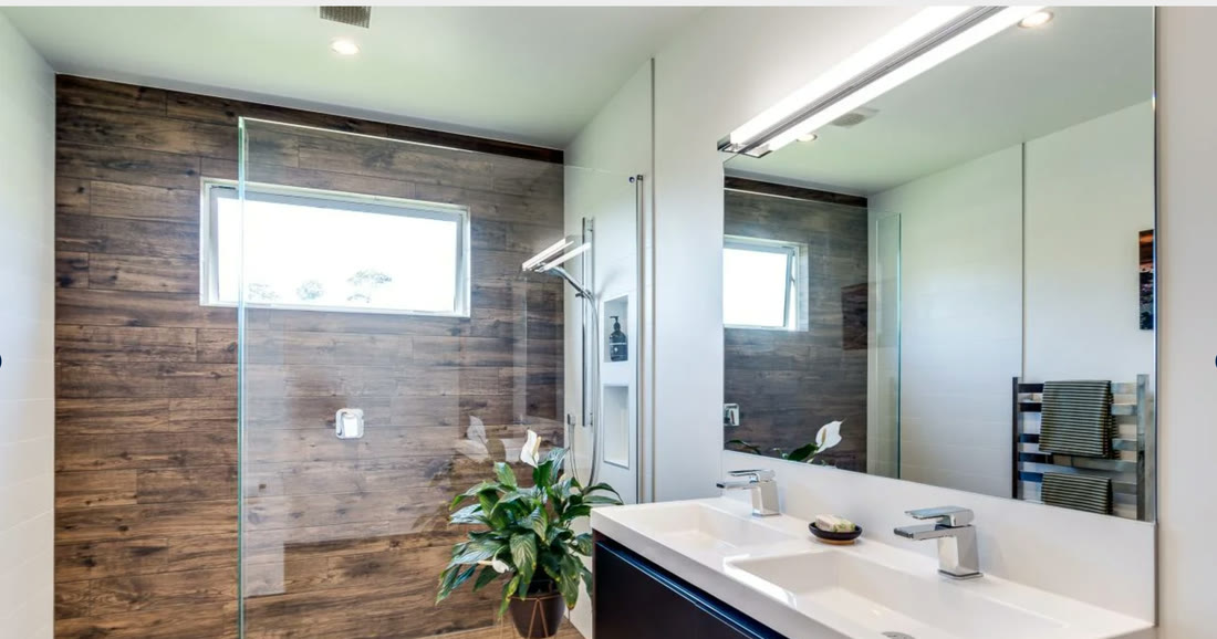 Bathroom with timber feature wall and floating vanity